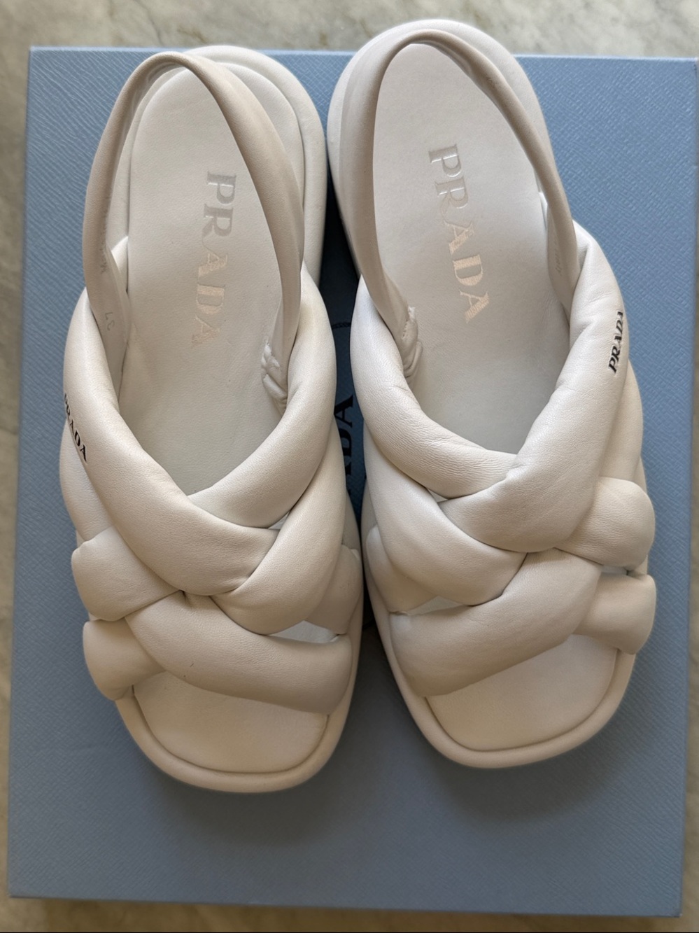 Prada White Braided Leather Slide Sandals with Padded Straps - Picture 2 of 13